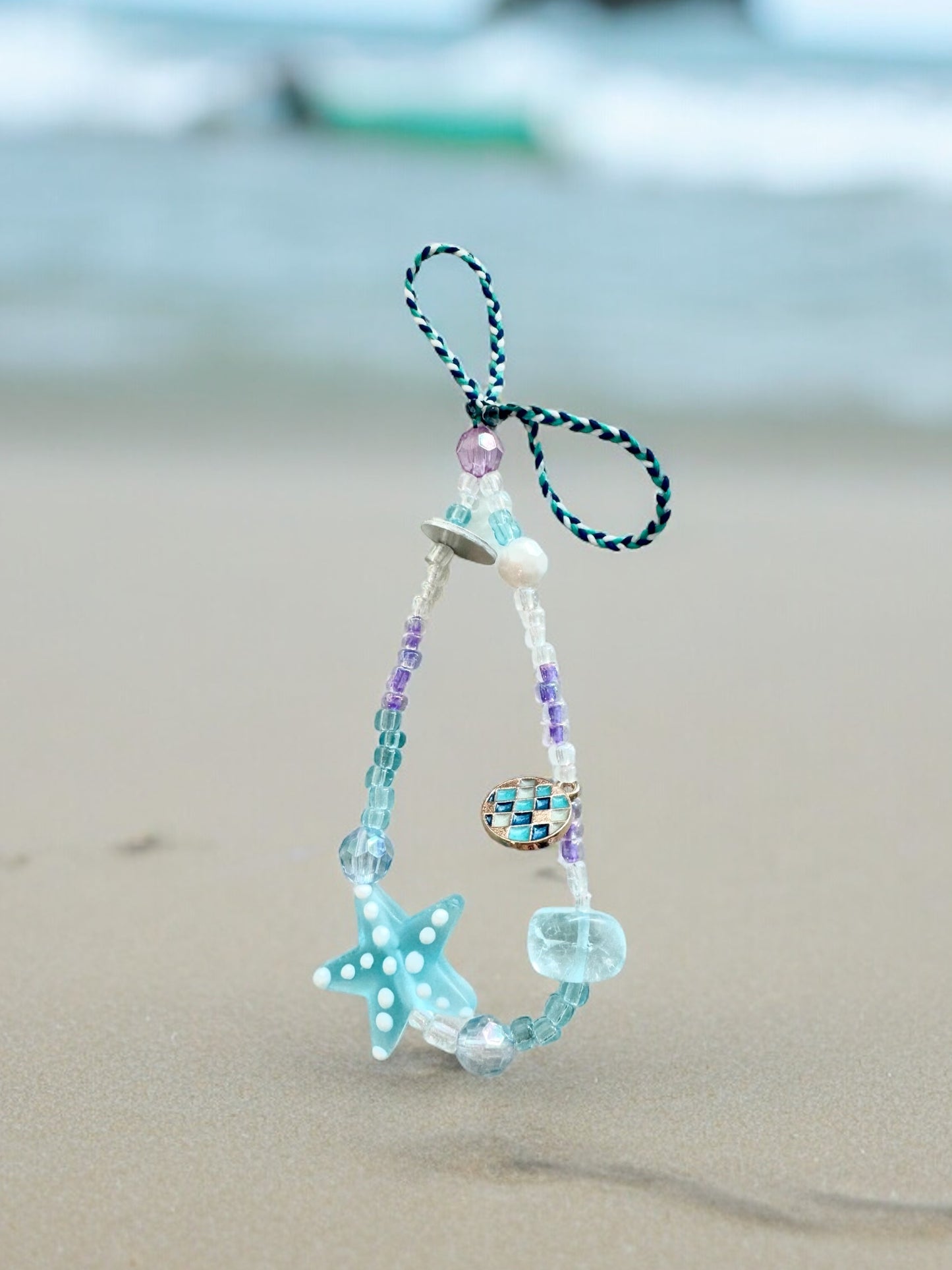 Ribbon Baby Blue Starfish Phone Charm - Ocean Theme