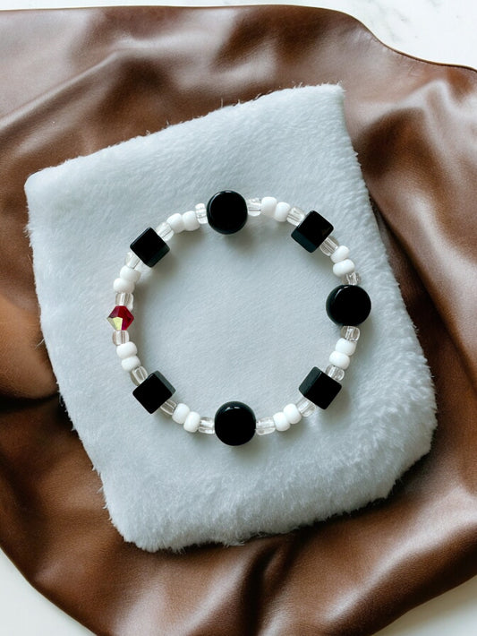 Go Game Inspired Black & White Glass Beads with Red Crystal Bracelet