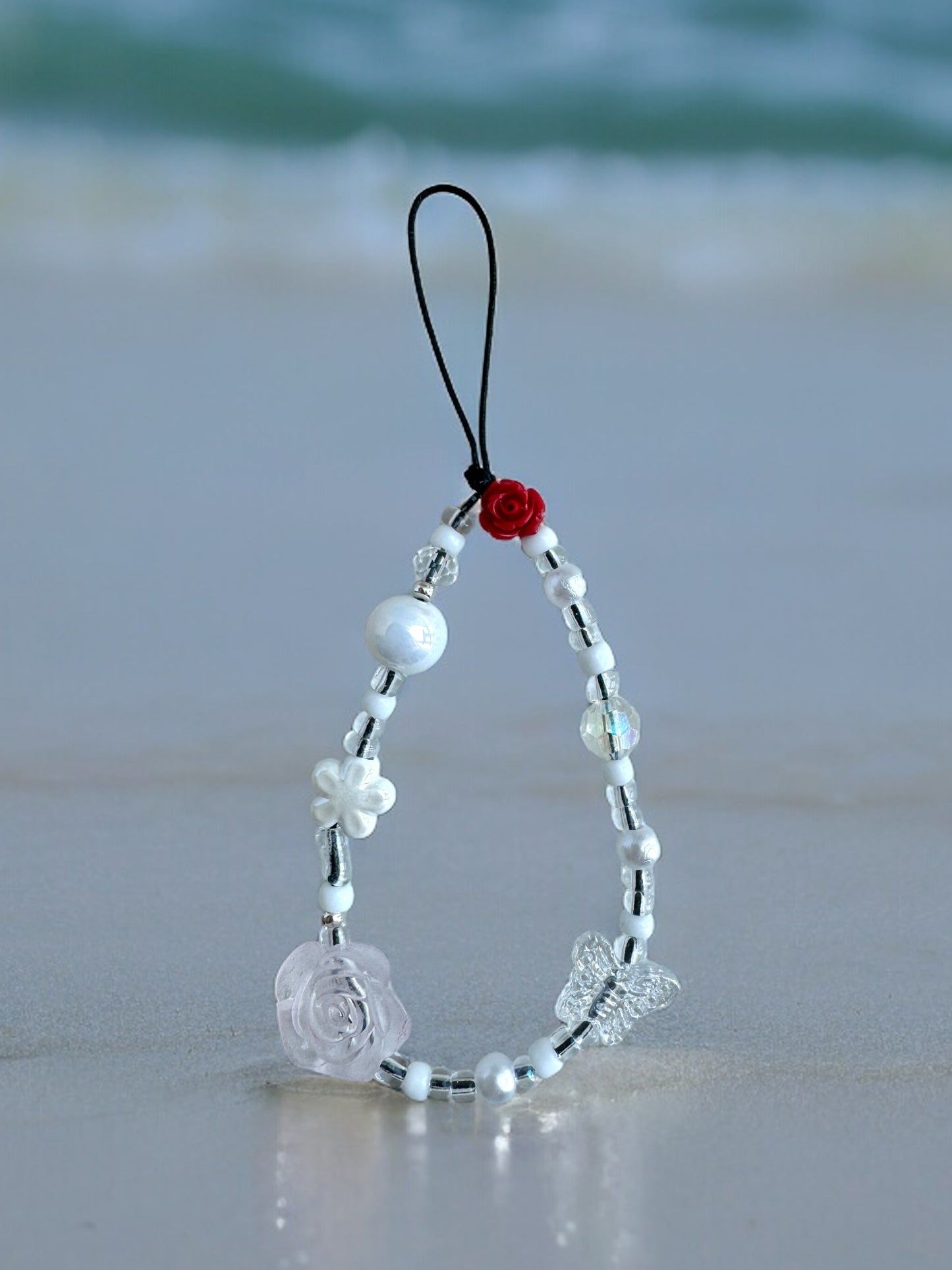 White Pearl Red Rose Inspired Glass Beads Phone Charm