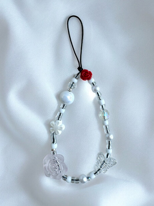 White Pearl Red Rose Inspired Glass Beads Phone Charm