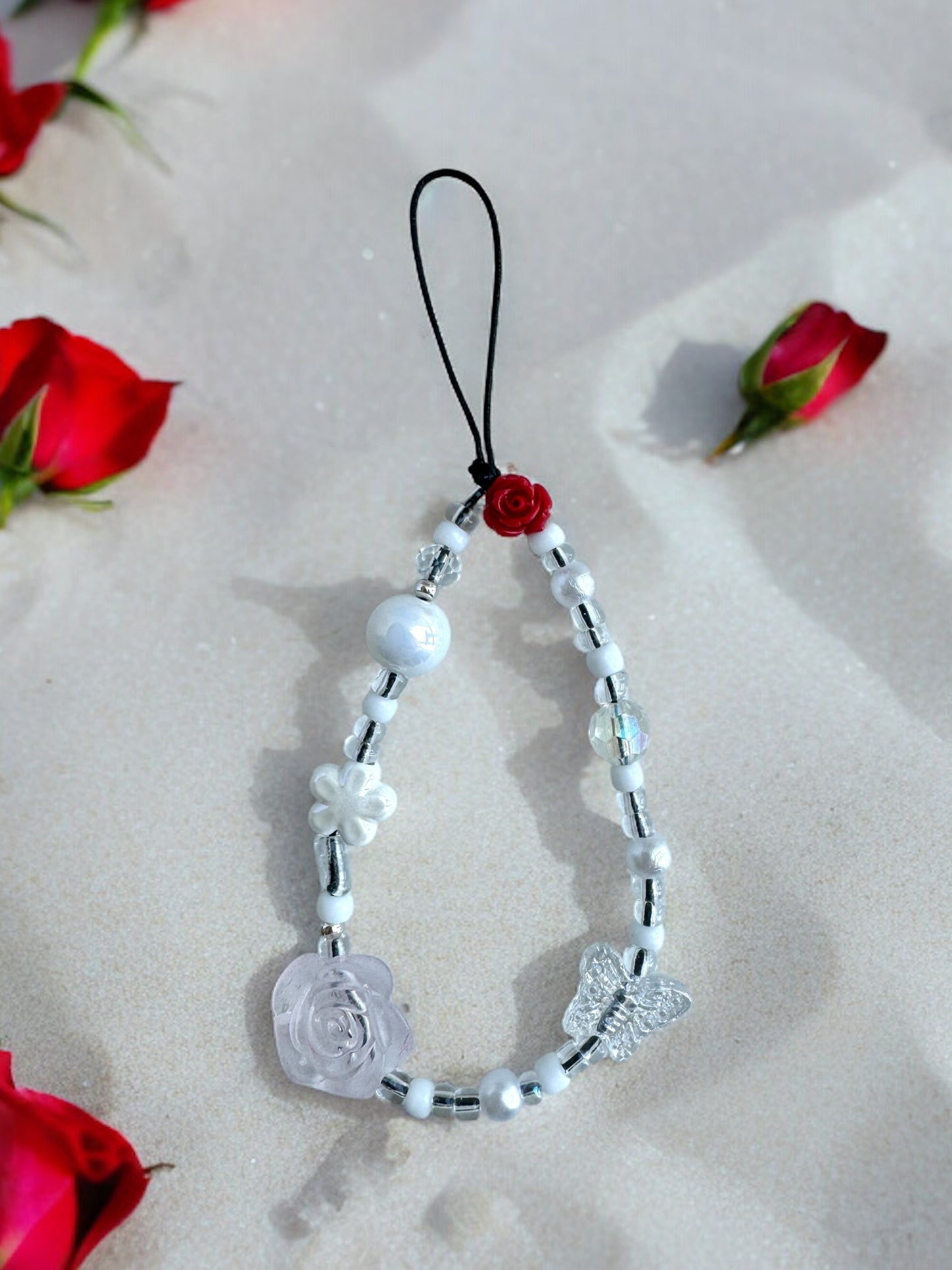 White Pearl Red Rose Inspired Glass Beads Phone Charm