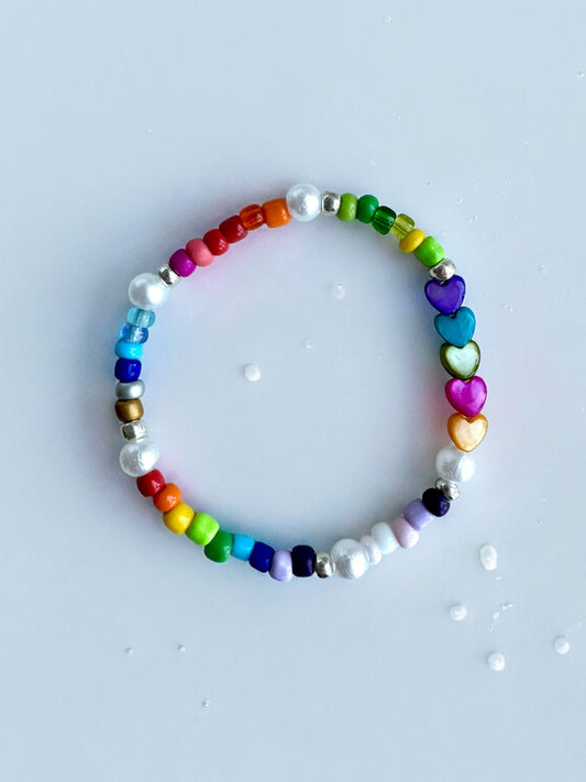 Rainbow Heart Inspired White Pearl and Rainbow Bracelet