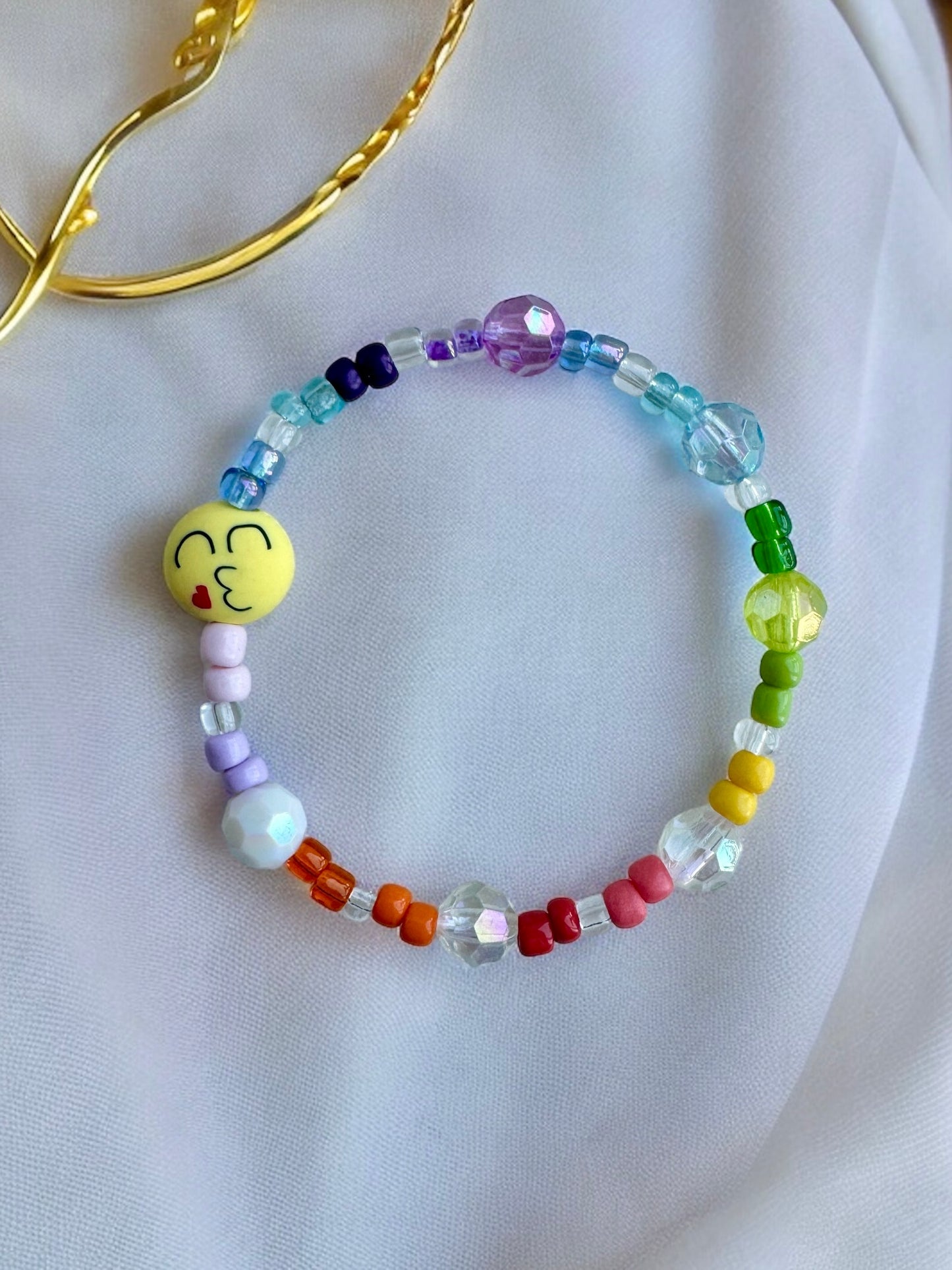 Silly Kissing Emoji Inspired Glass Rainbow Beads Bracelet