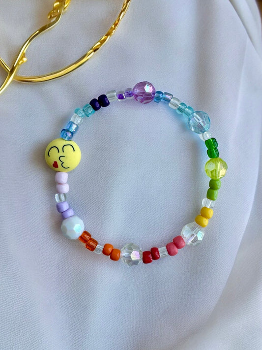 Silly Kissing Emoji Inspired Glass Rainbow Beads Bracelet